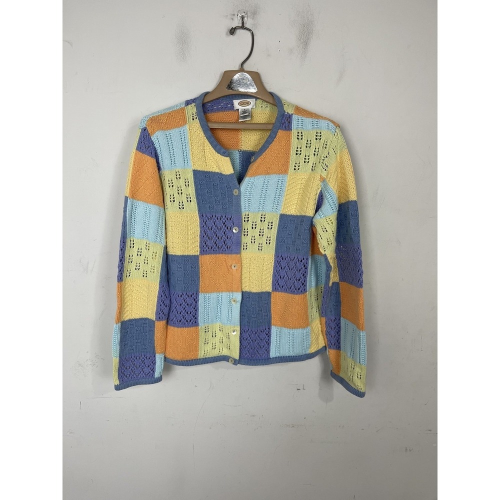 Talbots Womens Large Patchwork Cotton Cardigan Sweater Pastel Multi Color Knit
